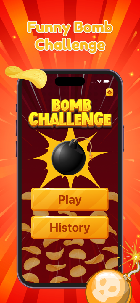 Bomb Challenge Duel Game - Bomb Challenge Duel Game main menu screen with a cartoon bomb and snack chips theme