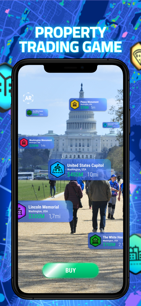 Get Rent: Trade Real Estate - Vista de realidad aumentada de los monumentos de Washington D.C. en el juego móvil de compraventa de propiedades Get Rent.