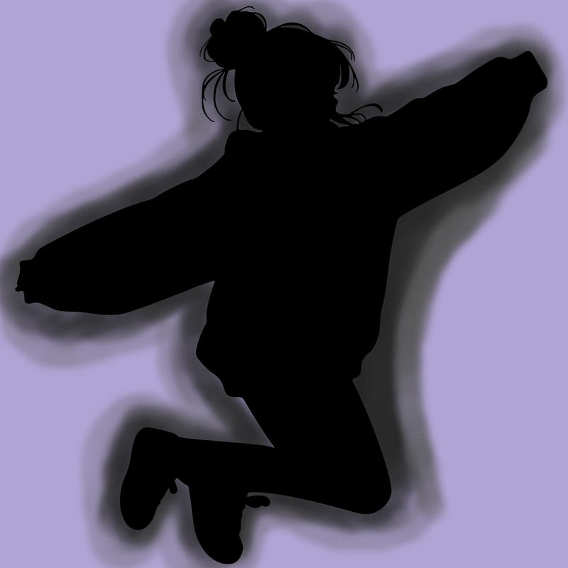 realistic girl jumping with a bun and oversized sweatshirt