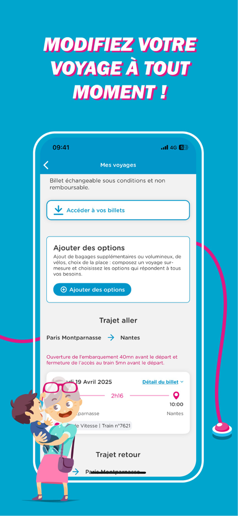 Schermata dell'app mobile OUIGO che mostra opzioni per modificare le prenotazioni dei treni e aggiungere servizi di viaggio come bagaglio extra.