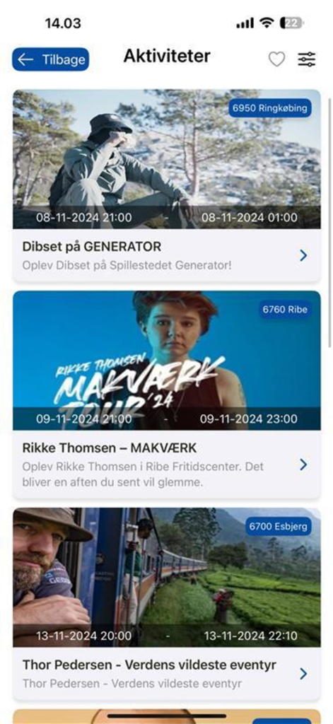 Screenshot of the Activities screen in the SJ Feriehusudlejning app displaying a curated list of local events and concerts in Denmark