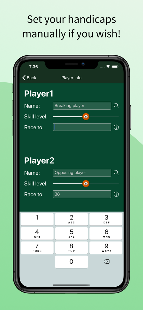 Interface of Pool Scoreboard for 9BALL app showing manual handicap and skill level setup for two players.