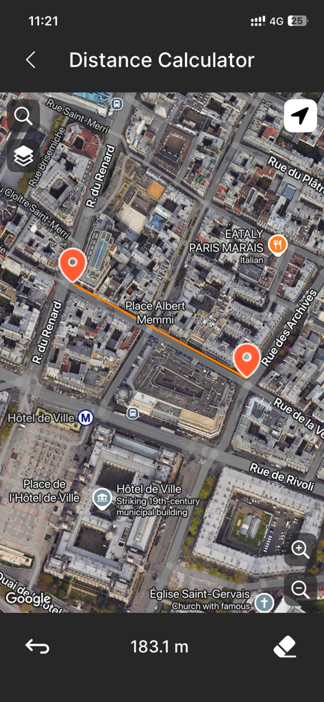 Live Street View :Earth Camera - Una vista de mapa satelital en la aplicación Vista de Calle en Vivo que muestra la calculadora de distancia midiendo 183.1 metros entre dos puntos en París.