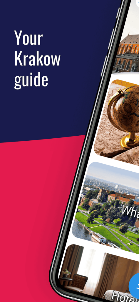 KRAKOW Guide Tickets & Hotels - Your Krakow guide app home screen displaying historic city views and hotel options
