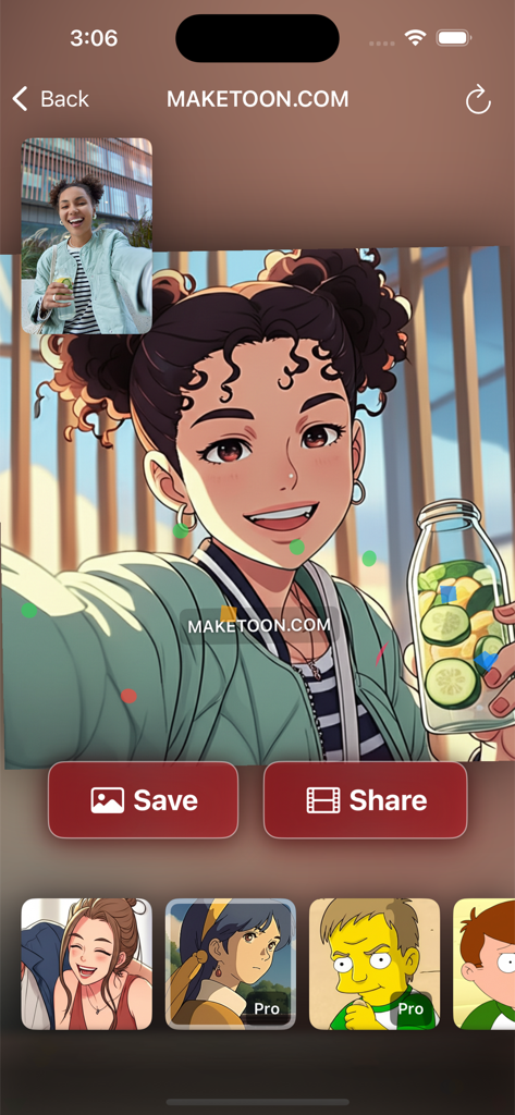 Cartoon Yourself: MAKETOON - MAKETOONアプリのインターフェース。セルフィーがアニメ風のカートゥーンに変換され、保存と共有ボタンが表示されている様子