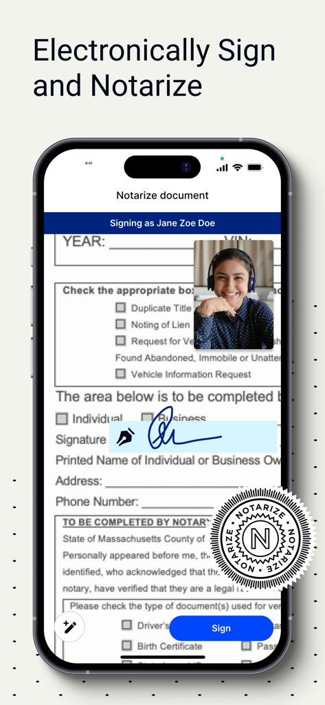 Notarize - Smartphone screen showing the Notarize app interface for electronic signing and remote online notarization with a live video call
