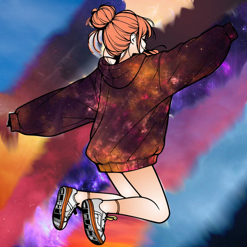 realistic girl jumping with a bun and oversized sweatshirt