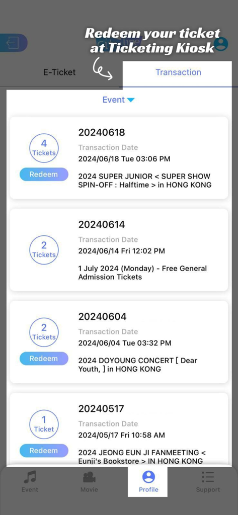 Cityline Ticketing - Bildschirm mit Transaktionsverlauf in der Cityline Ticketing App zeigt gekaufte Konzerttickets für K-Pop-Events mit Einlöse-Buttons an.