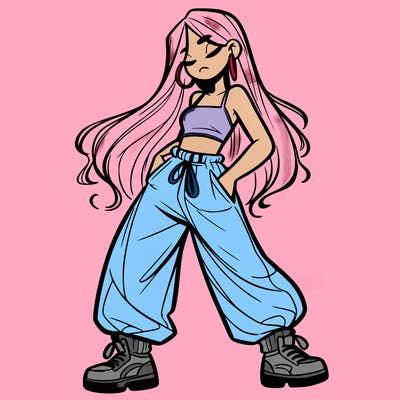 girl in baggy pants crop top and long hair