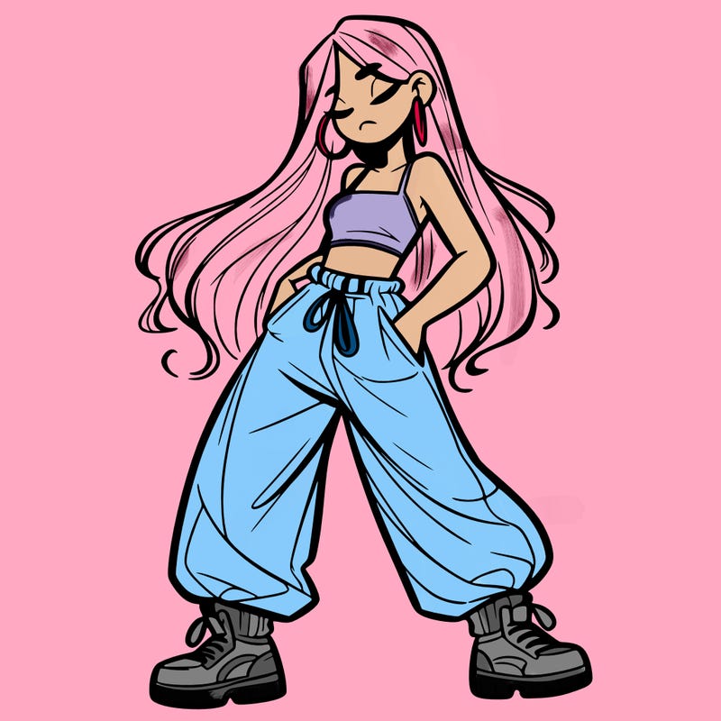 girl in baggy pants crop top and long hair