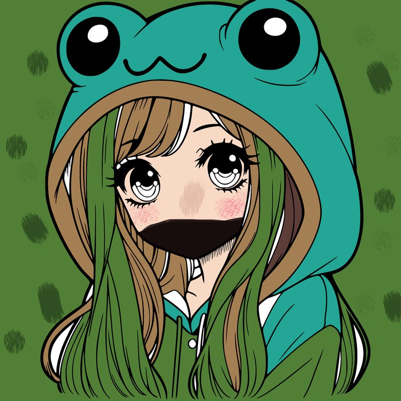 a pretty girl wearing a frog hoodie portrait with long hair