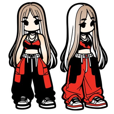 girl in baggy pants crop top and long hair