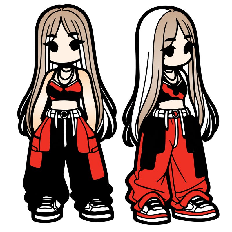 girl in baggy pants crop top and long hair