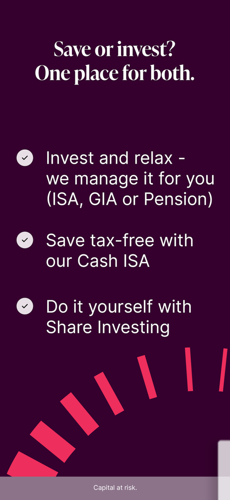 Moneyfarm: Investing & Saving - Moneyfarm-App-Bildschirm mit Optionen für verwaltete Portfolios, steuerfreie ISAs und DIY-Aktienanlagen