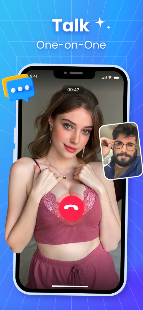 TakTak - Live Call, Girls Chat - One-on-one live video call interface between a male and female user on the TakTak app
