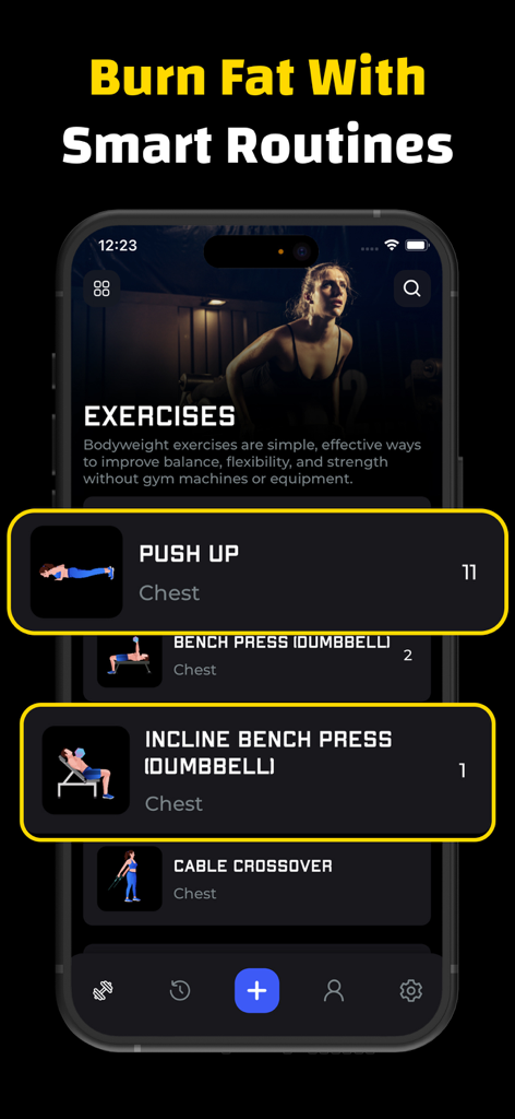 Interface de l'application Workout Tracker affichant une liste d'exercices pour la poitrine comme les pompes et le développé couché