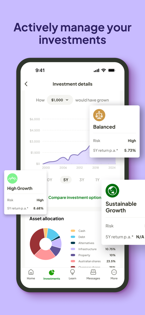 Rest Super app dashboard showing investment performance and asset allocation breakdown