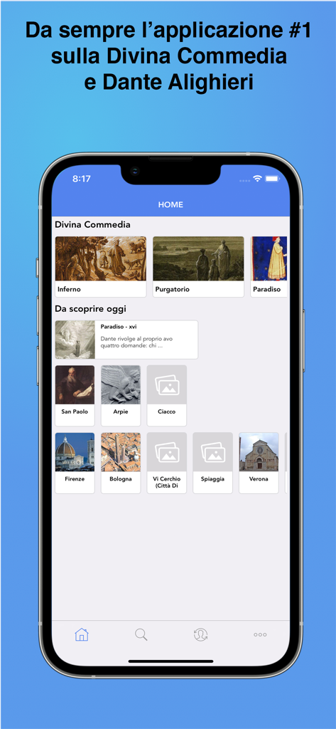 Divina Commedia - Home screen of the Divina Commedia mobile app showing sections for Inferno Purgatorio and Paradiso