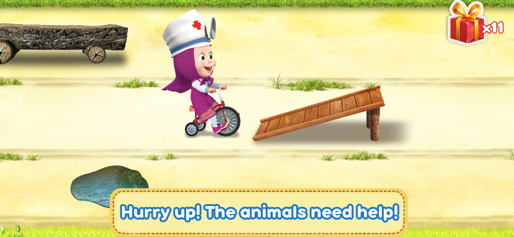 Masha and the Bear Dentist - Masha dressed as a dentist riding a tricycle to help animals