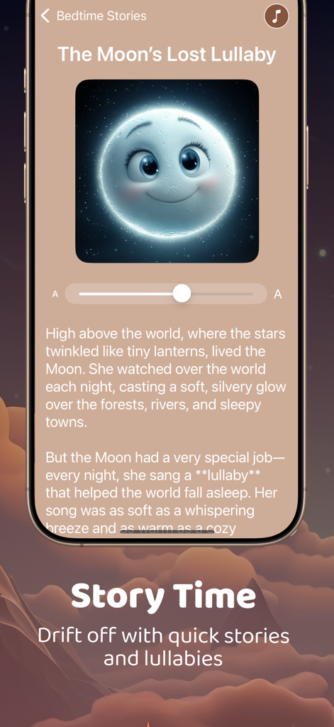 Baby Sleep Sounds by Comfy - Pantalla de cuento para la hora de dormir en la aplicación Sonidos para dormir bebés de Comfy con un lindo personaje de luna sonriente.