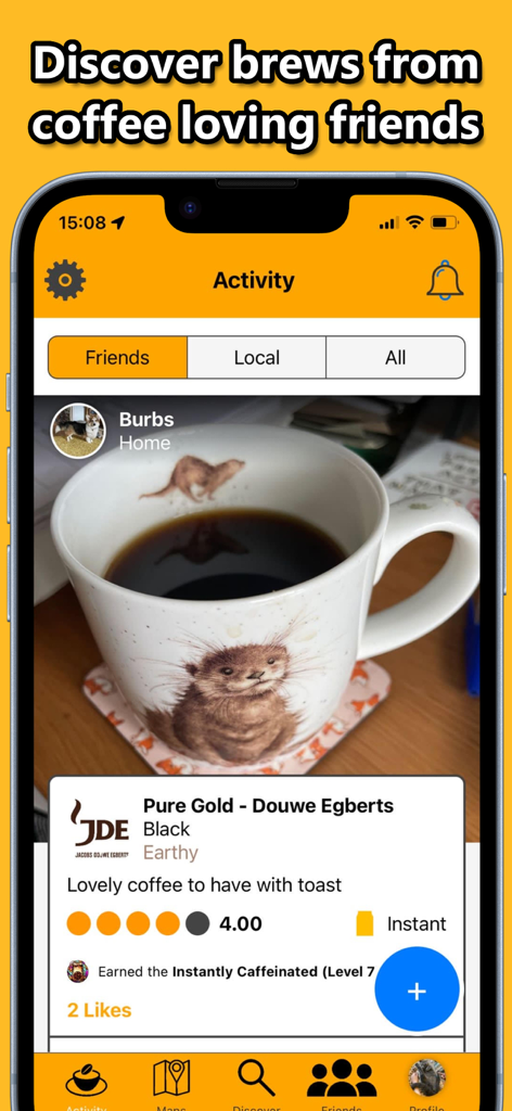 Bean app activity screen showing a coffee review and rating from a friend