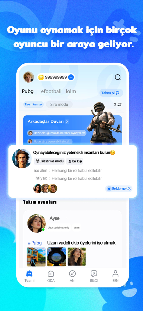 Teami：Team up & Play - Una interfaz móvil de la aplicación Teami que muestra una tarjeta de matchmaking para encontrar compañeros de juego para PUBG y otros títulos móviles