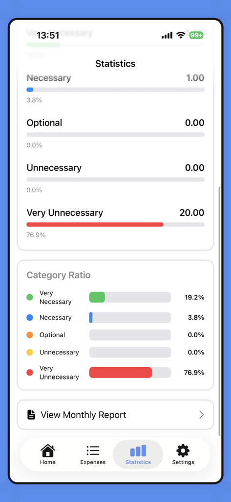 LittleFinancier - LittleFinancier 앱 지출 통계 화면에는 월별 지출 카테고리 및 비율이 표시됩니다.