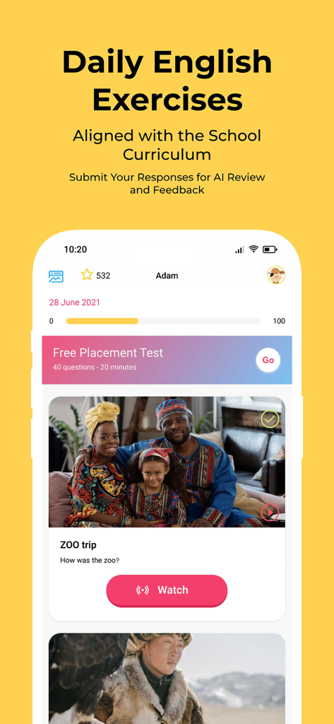 PikaDo - PikaDo app interface showing daily English exercises and a video lesson titled Zoo trip for children