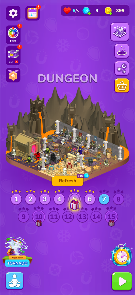 Holein. hole io blackhole game - Dungeon level selection screen in the Holein black hole mobile game featuring a 3D isometric map.