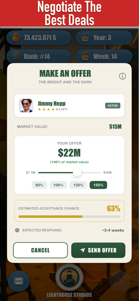 Hollywood - The Movie Tycoon - Negotiation screen for making a salary offer to an A-list actor in the Hollywood simulation game