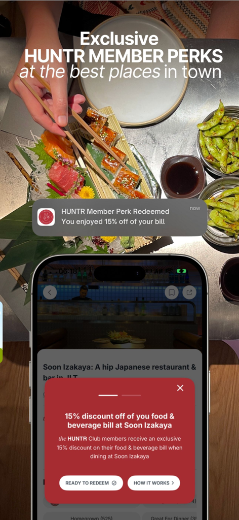 The HUNTR: City Guide - The HUNTR app interface showing a 15 percent discount perk for a Japanese restaurant with a background of sushi dishes.
