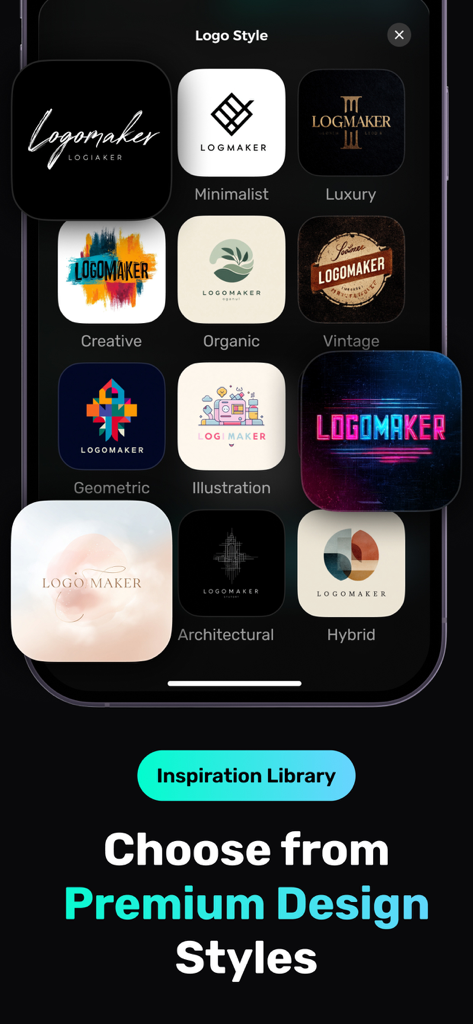 A mobile interface from Logo AI app showing various branding styles like minimalist, luxury, and vintage within an inspiration library.