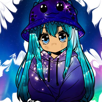 girl with anime shaped eyes with a dinosaur bucket hat oversized sweatshirt long straight hair