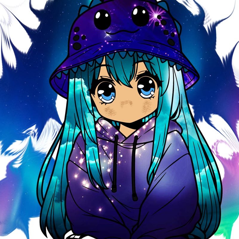 girl with anime shaped eyes with a dinosaur bucket hat oversized sweatshirt long straight hair