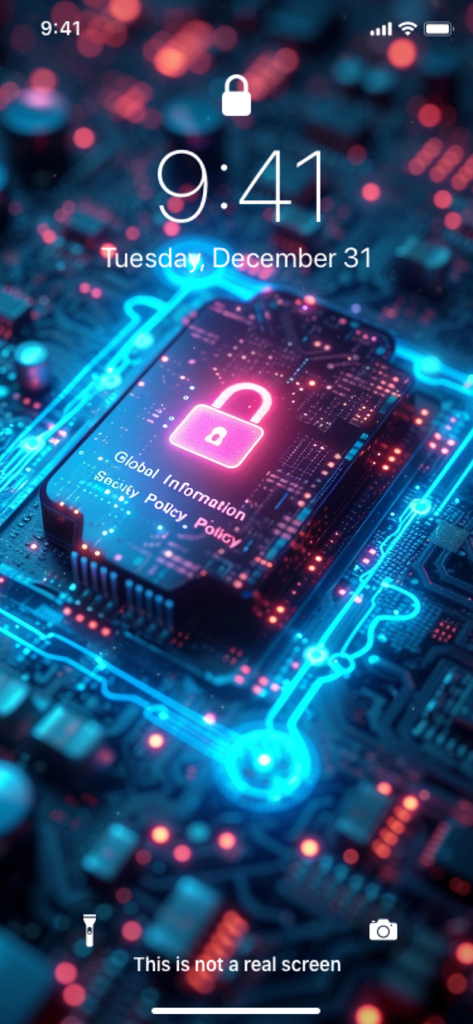 Wallpaper & Live Wallpapers - A futuristic iPhone lock screen wallpaper featuring a neon pink padlock on a glowing blue circuit board.