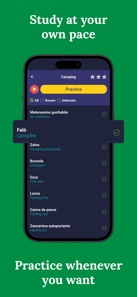 Learn Italian (Beginners) - Una captura de pantalla de la aplicación Aprende Italiano Principiantes mostrando una lista de vocabulario de camping con palabras como 'fogata' y 'brújula'.