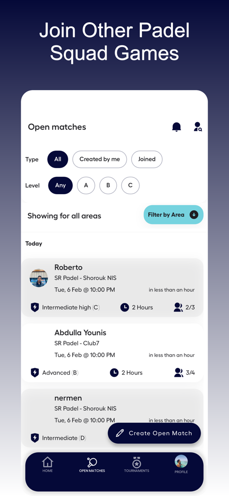 Interface de l'application SR Padel montrant une liste de matchs ouverts avec les niveaux de compétence et les options de réservation.