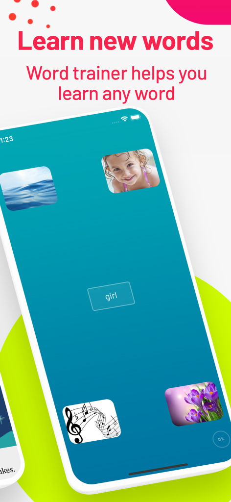 Readable: read English stories - Readable app word trainer interface showing a vocabulary matching exercise with images