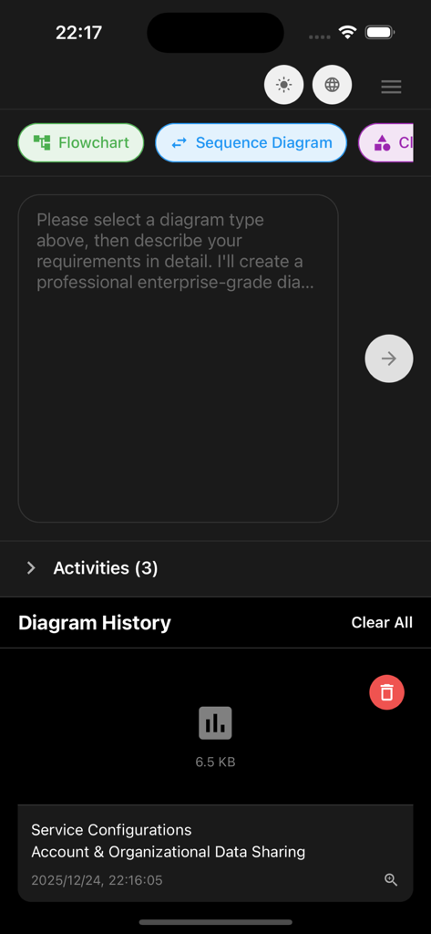 GG AI Diagram - Interface of the GG AI Diagram app showing options for flowchart and sequence diagram creation with an AI prompt input area and diagram history.
