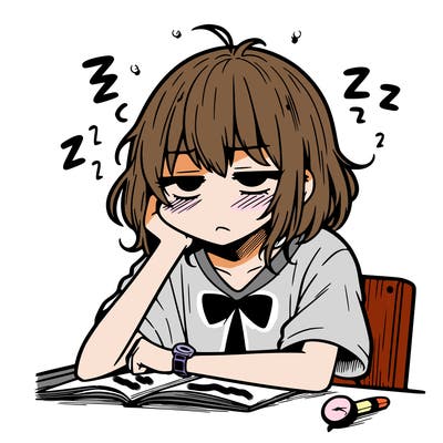 tired manga girl trying to stay awake in class