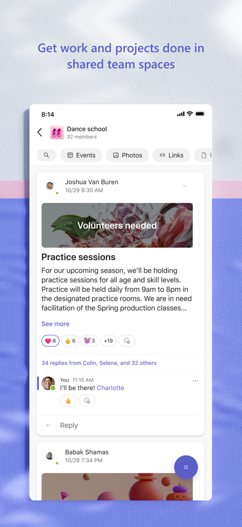 연습 세션 및 공동 작업 기능에 대한 게시물이 포함된 댄스 학교 커뮤니티 페이지를 보여주는 Microsoft Teams 앱 인터페이스.