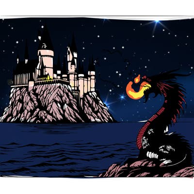 realistic harry potter castle around the ocean with a dragon breathing fire