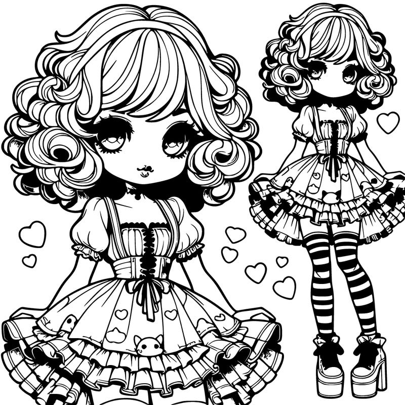 female with an hourglass waist,short fluffy and curly hair and sweet soft eyes with fluffy lashes, and a soft smile with lipstick,wearing a ruffled corset a cute short kawaii overall skirt with a hello kitty pattern and mismatch heart and stripe socks and doll platform shoes