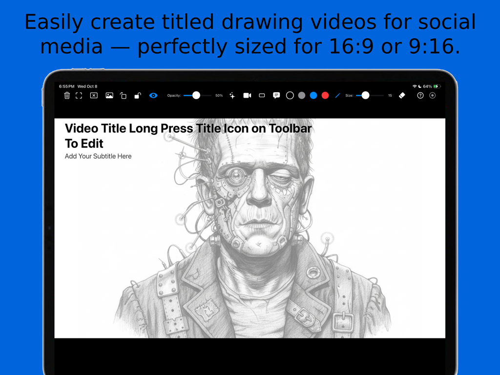 DrawLikePro - Aplicación DrawLikePro en iPad mostrando la creación de videos de dibujo titulados para redes sociales