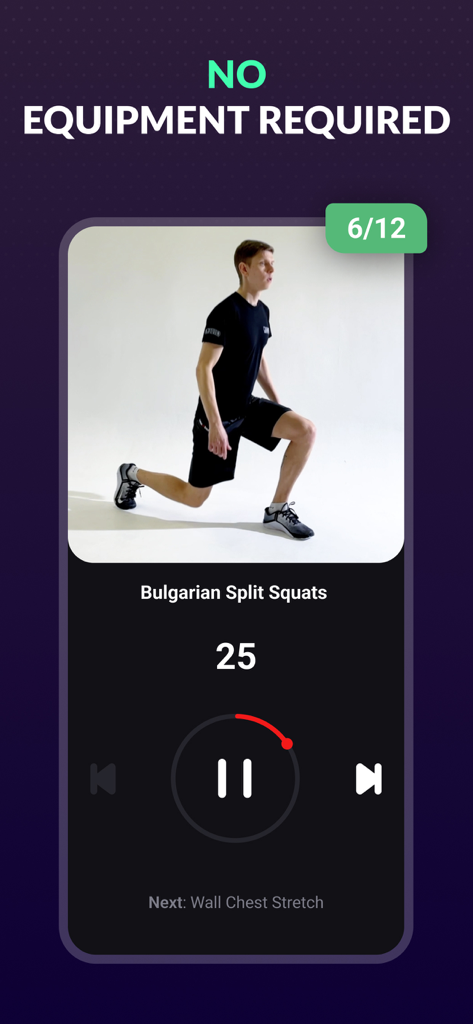 FitHack mobile app showing a Bulgarian split squat demonstration for a home workout without equipment