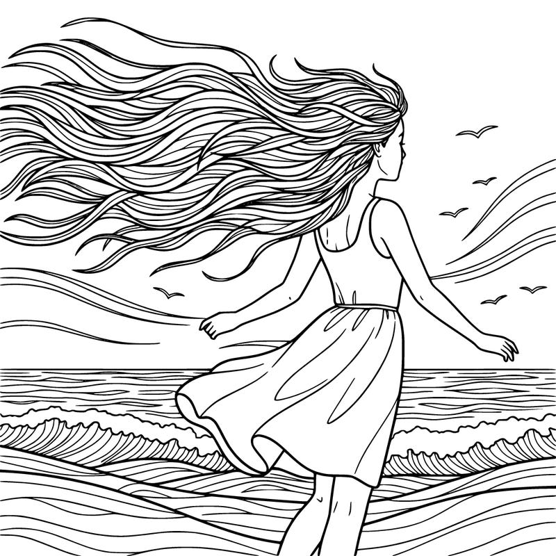 back side of a girl with her hair flowing in the wind on a beach