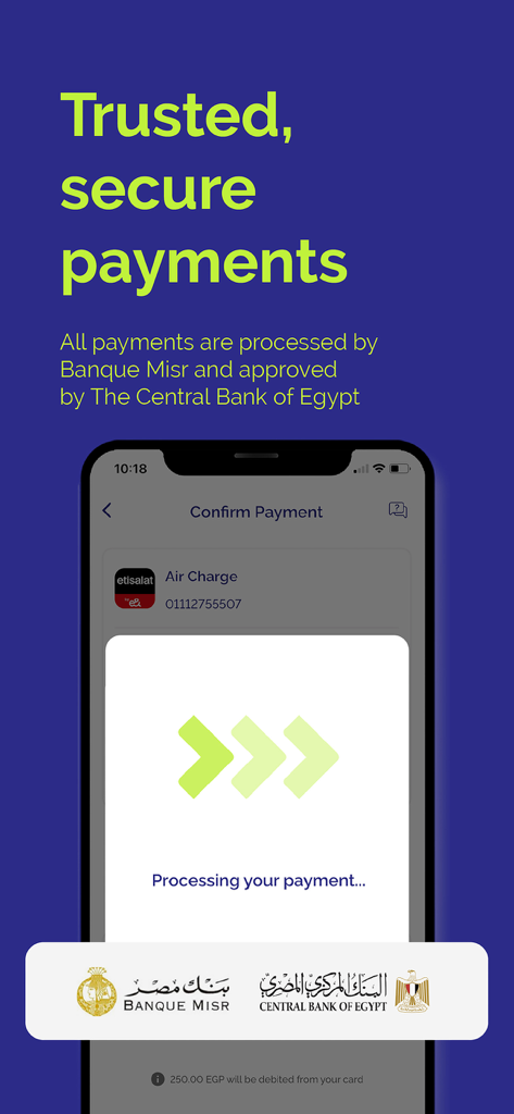 Flash: Mobile Payments & Bills - Flash 모바일 앱 보안 결제 인터페이스에 Banque Misr 및 이집트 중앙은행 인증이 표시됨
