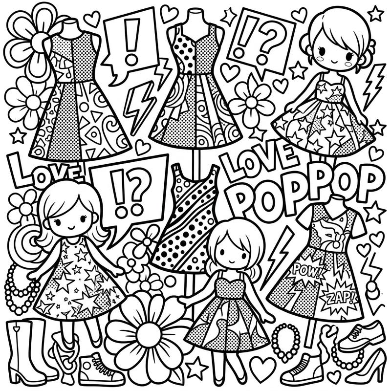 Step into a world of vibrant fashion with this Pop Art Mini Dresses coloring page! Adorable girls and stylish garments await your artistic touch, ready to burst with color.