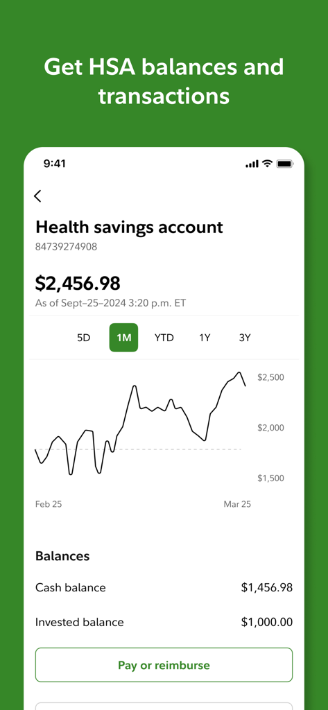 Screenshot of the Fidelity Health app showing a Health Savings Account balance of two thousand four hundred fifty-six dollars with a performance line graph and a button to pay or reimburse.