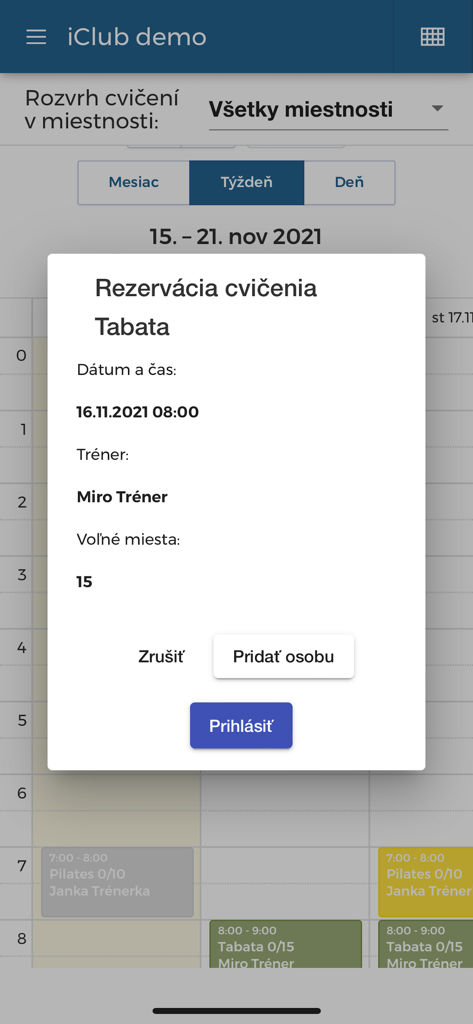 A workout booking popup in the iClub app for a Tabata session